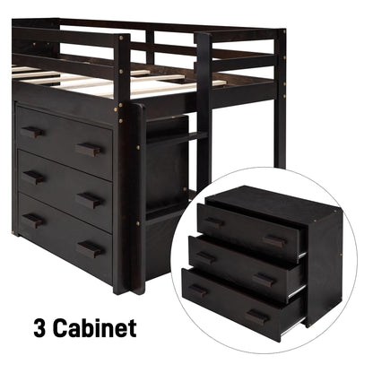 Merax Twin Wooden Loft Bed，Wood Bedframe for Kids Teens， Adults Bedroom with Cabinet, Shelf, Stairs, Espresso