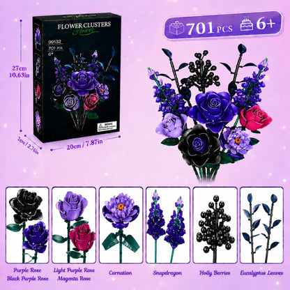 Flower Rose Bouquet Building Set, 701Pcs Gothic Purple Rose Building Kit, Artificial Floral Home Decor for Women Teens Adults, Mother's Day Birthdays Helloween Decor Gifts
