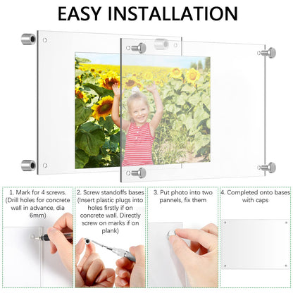 Yalikop 8 Pcs Acrylic Floating Picture Frame 8.5 x 11 Inches Wall Mount Frameless Photo Frames Double Panel Clear for Home Office Photo Display, Full Size 9.6 x 13.2 Inch (Silver)