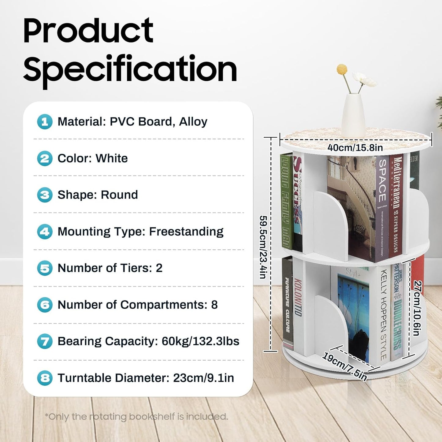 BJTDLLX 360 A4 2 Rotating Bookshelf, Freestanding Storage Shelf, Rotating White Bookshelf Round Bookcase Magazines