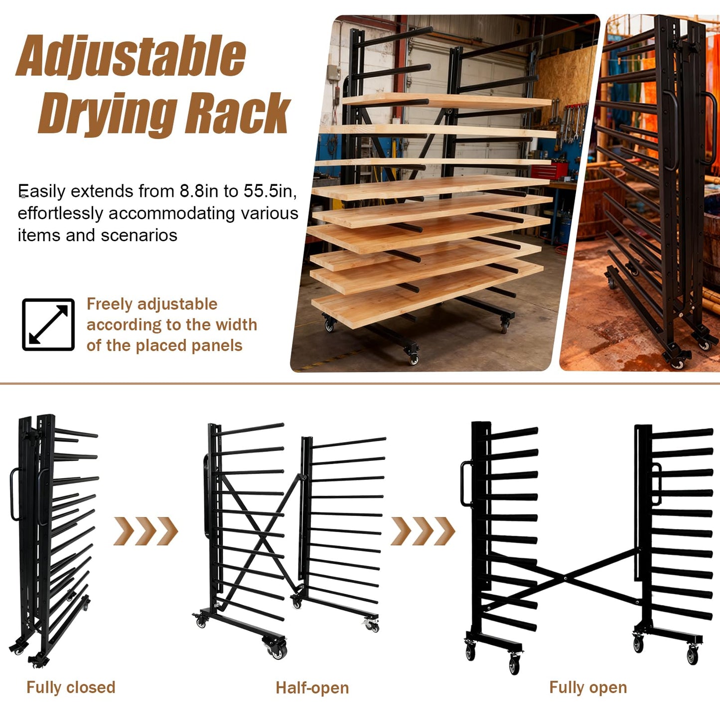 Heavy-Duty Metal Rolling Paint Rack, Expandable Woodworking Drying Rack, Staining & Curing Trim & Wood Panels for Cabinet Doors, Reinforced Steel Frame with 7.5" Casters, Paint Studios/Factory (Black)