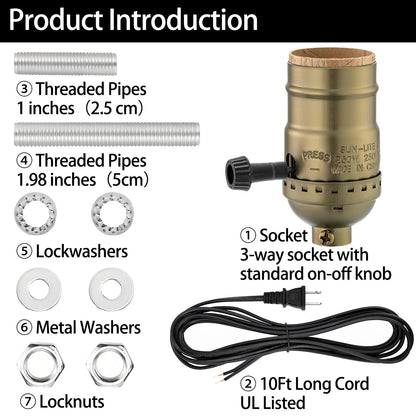 Lamp Rewire Kit, 10 Foot Matching Cord, 2 Way Socket and Essential Hardware, Table and Floor Lamps Socket Replacement, Rewire and Repair, DIY Light Making Kit (Antique Brass)