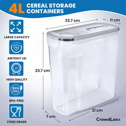 CrowdLox Cereal Storage Containers 4L Food Grade and BPA Free Sets with Lids Kitchen Storage & Organisation Food Containers Large Kitchen Organiser for Cornflakes (Single Unit)