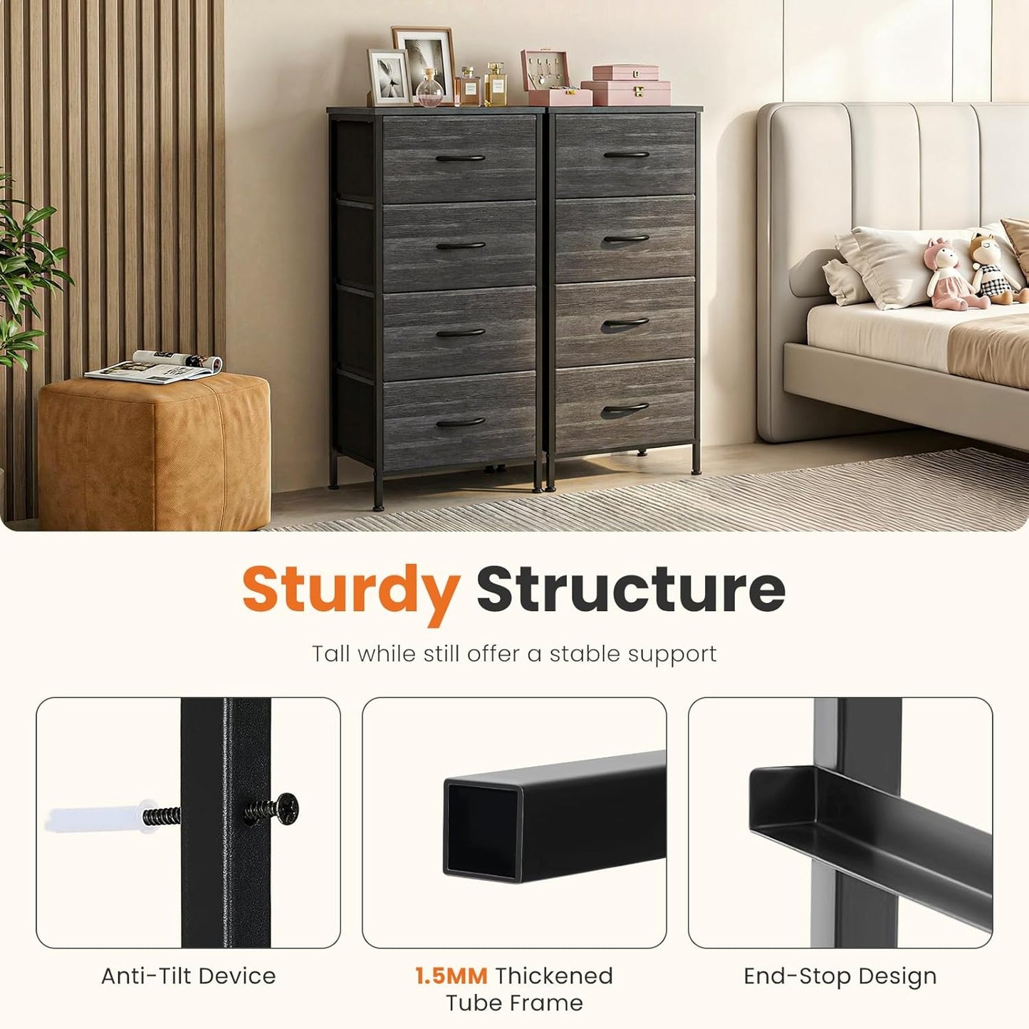 4 Closet,Entryway,Dorm,Black Sweetcrispy Nightstand Small Bedroom Dresser with Fabric Drawers,Bed Side Furniture End