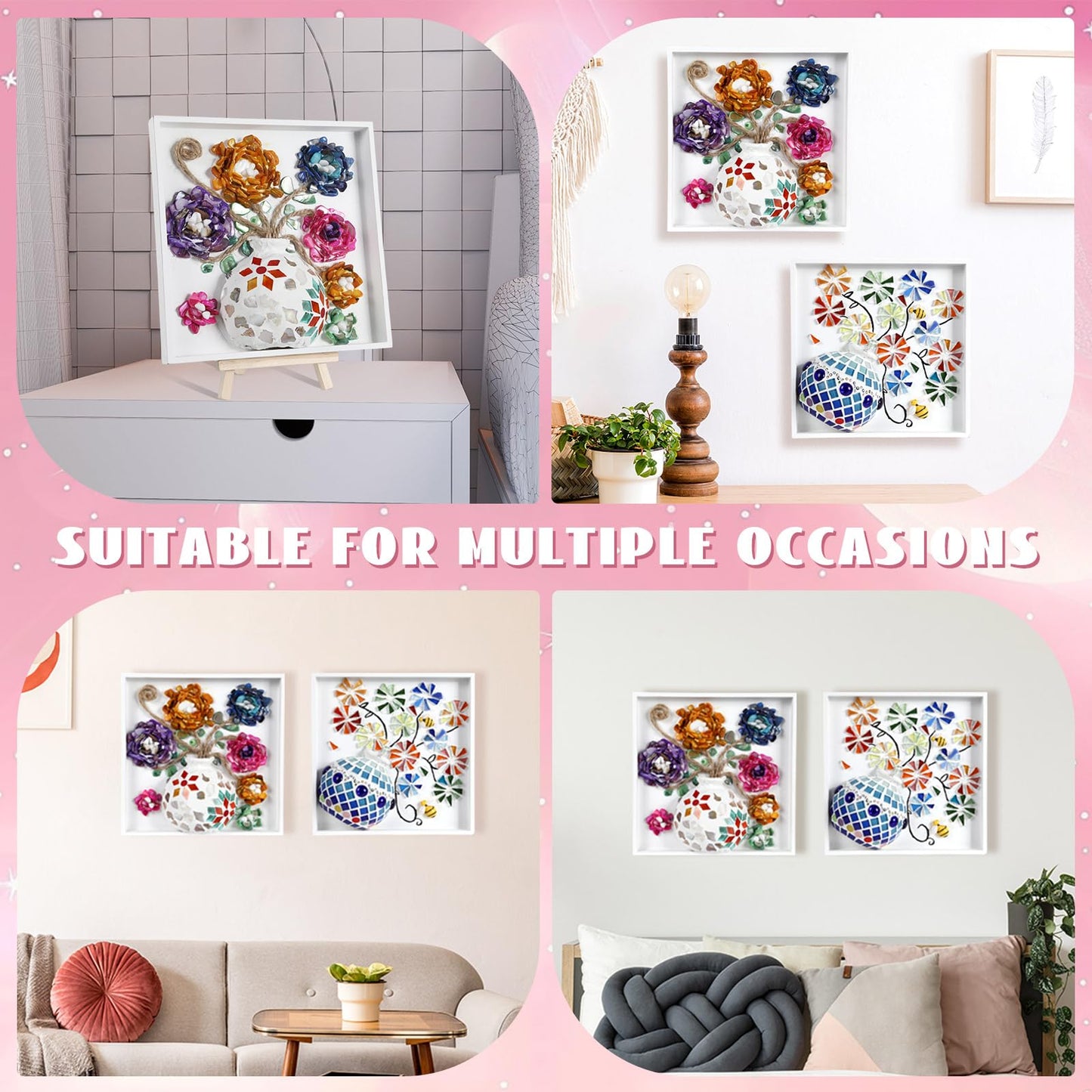 Fuyoooo 2 Sets DIY Vase Mosaic Painting Kit DIY Mosaic Arts and Craft Kits Tiles Crafts with Flower Accessories Creativity Handmade Artwork for Adults Gift Making Home Decoration(Vase Flower)