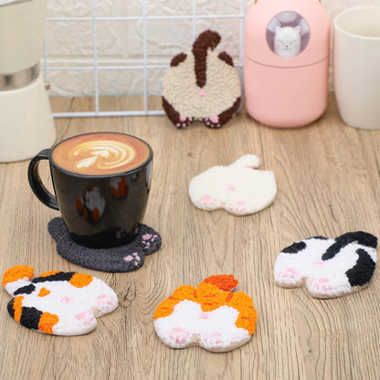 Vesici 6ps Cat Bum Punch Needle Kit, 6 Patterns Cat Butt Punch Coaster, Fun Woven Creative Coasters for Adult Beginners, Coasters Kit with Adhesive Felt, Yarns, Embroidery Hoop, Instruction