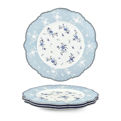 fanquare 10 Inch Porcelain Dinner Plates Set of 4, Lace Dishes Set for Salad, Pasta, Soup, Dessert, Blue Roses