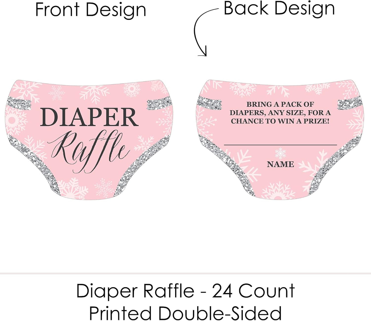 Set 24 Big Dot of Happiness Pink Winter Wonderland - Diaper Shaped Raffle Ticket Inserts - Holiday Snowflake Baby