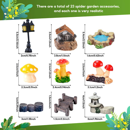 Julang 23 Pcs Fairy Garden Miniatures Jumping Spider Enclosure Accessories, Mini Bridge Fence Pond Street Lamps Mushroom Lawn Figurines Garden Decorations for Jumping Spider Habitat