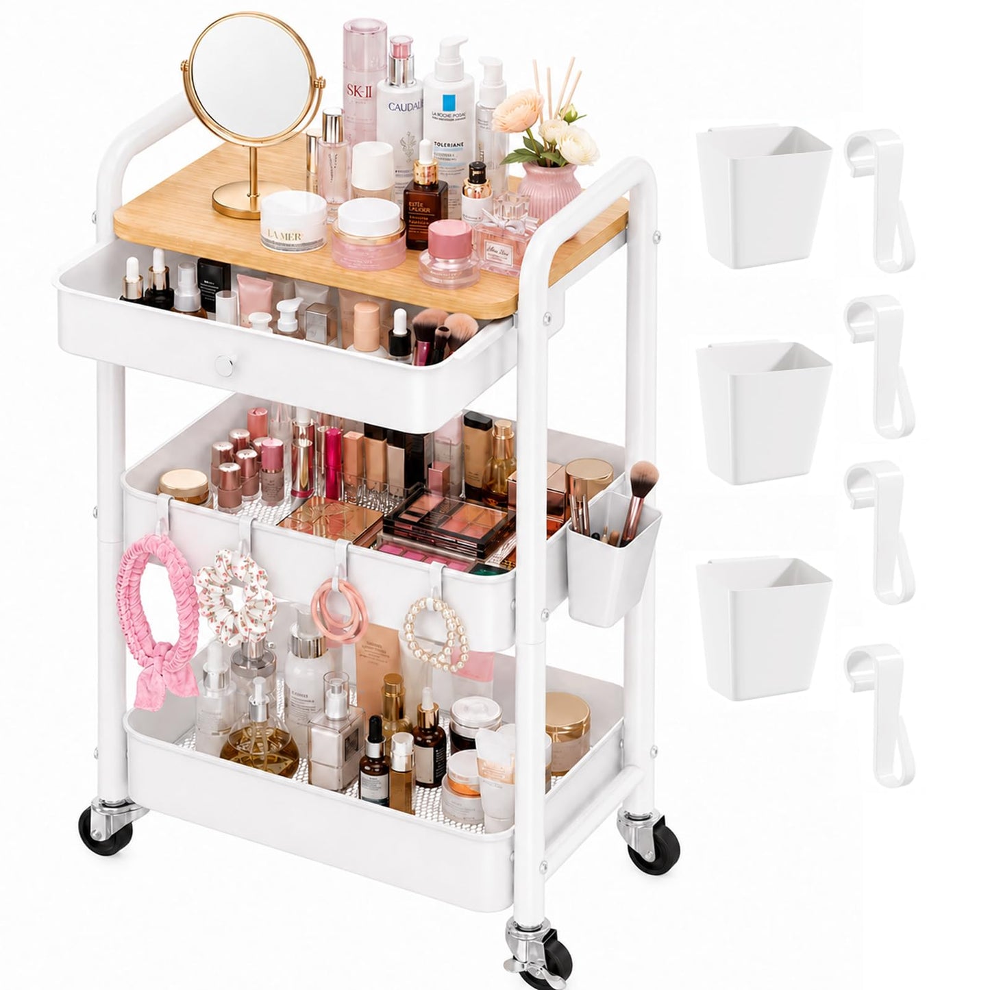 3 Tier Metal Rolling Cart with Drawers, Makeup Organizer Cart with Wheels for Skin Care/Lash/Hair Product/Perfume, Esthetician Pedicure Carts for Nail Techs, Vanity, Bathroom,Craft Storage Carts,White