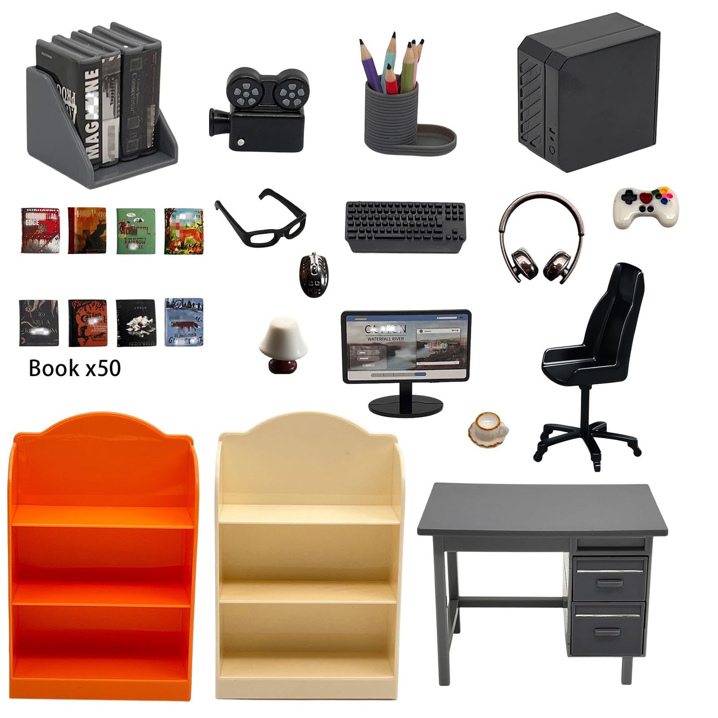 1:12 Scale Dollhouse Furniture,Miniature Office Furniture Set, 80+ Pcs with Computer,Desk, Chair, Bookshelves and Accessories, Suitable for Displaying Ideal Gifts