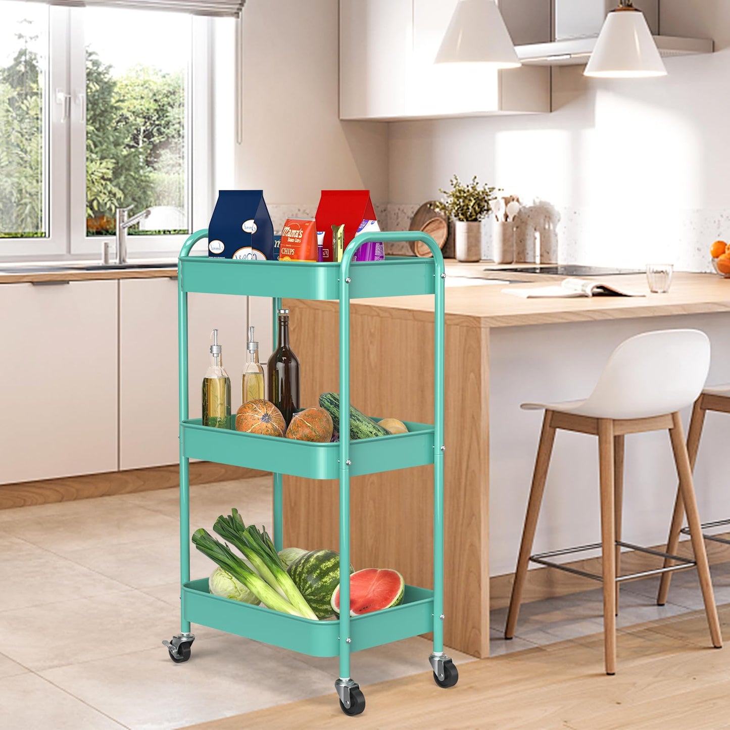 PNVXNUS 3-Tier Rolling Metal Storage Cart with Wheels, Multi-Functional Organizer for Office, Kitchen, Bathroom, Books Diapers - Easy Assembly (Blue)