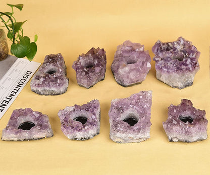 JIC Gem Amethyst Candle Holder Natural Purple Crystals Candle Stand Large Amethyst Tealight Candle Holders Home Decoration 5.5 Inch