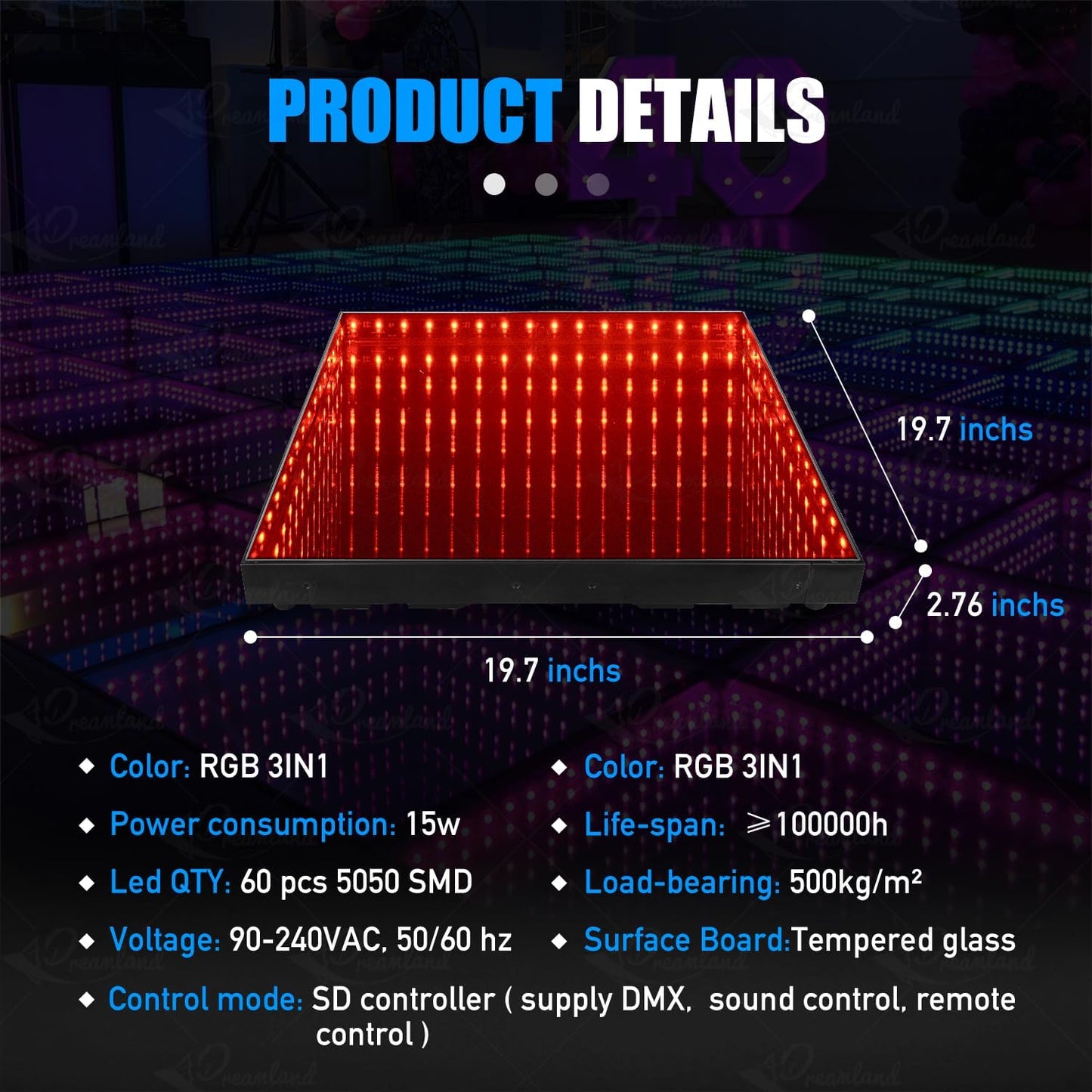MOKA SFX Infinity Led Dance Floor Panels Mirror 3D Effect Magnetic Connect 8x8ft 25PCS/LOT