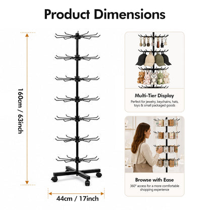 Homelio 7-Tier Heavy Duty Rotating Display Rack with Wheels, Metal Floor Spinner Stand for Retail Store, Adjustable Keychain & Jewelry Display Shelves for Craft Fair & Showroom