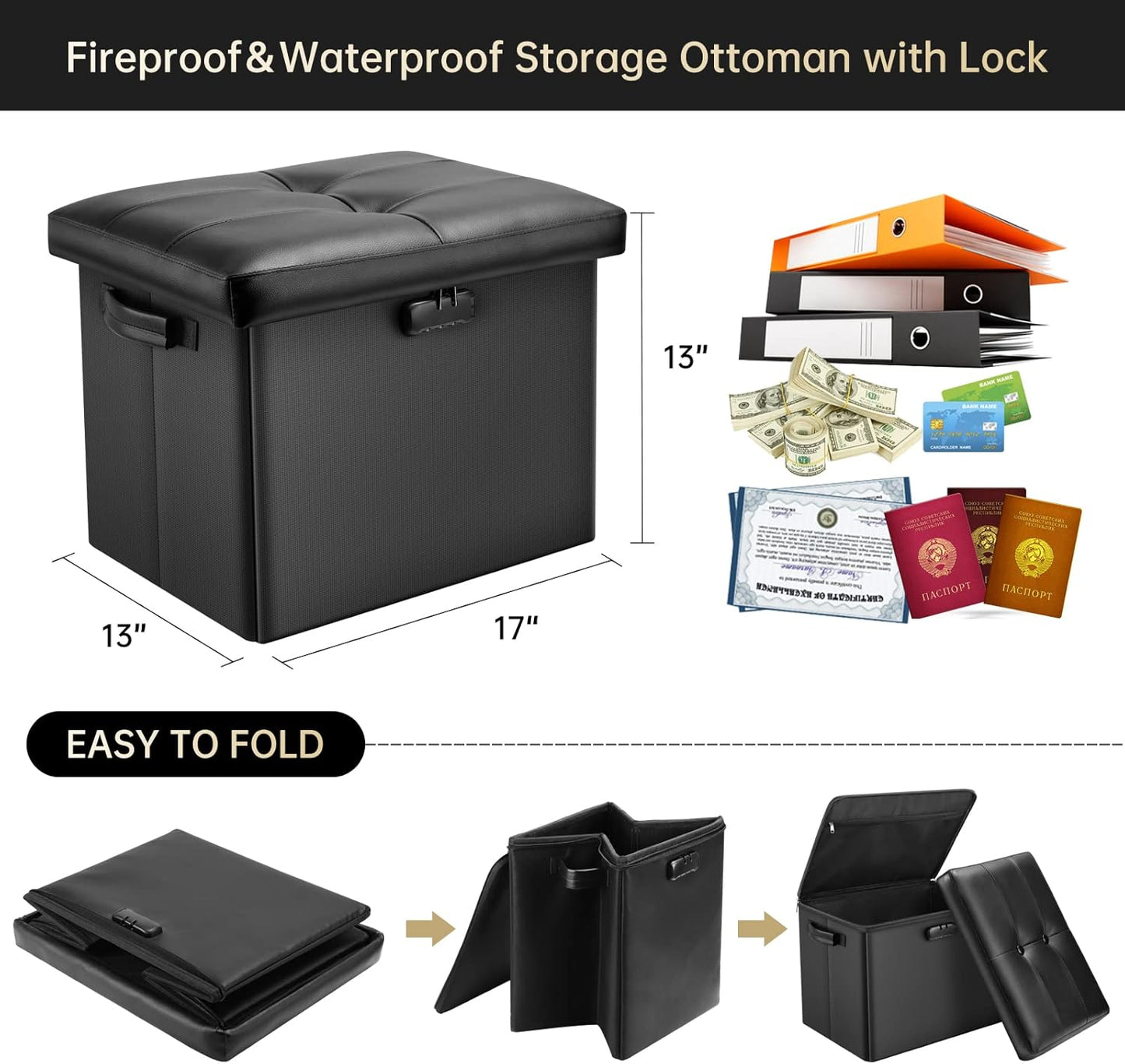 17 Inches DocSafe Storage Ottoman with Lock,Fireproof Folding Ottoman Foot Rest Stool Storage Chest with Storage Safe