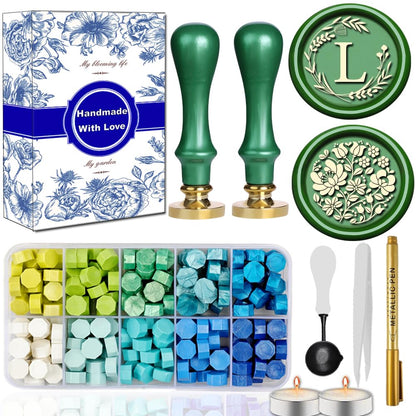 WUERLIN Elegant Initial L Wax Seal Kit,2pcs Exquisite Brass Stamp Heads with Eucalyptus & Flower Designs Ideal for Wedding Invitations Gift Wraps Envelopes and Christmas Cards (Alphabet L Kit)