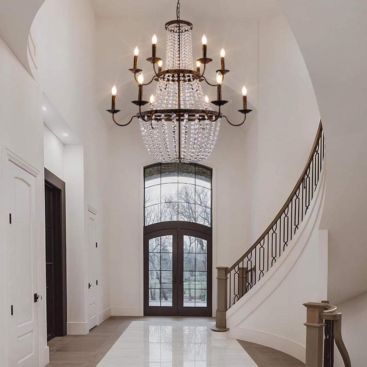 TOCHIC 40'' Long Large Crystal Chandeliers for High Ceilings, 2-Tier Modern Farmhouse Empire Staircase Chandelier 12 Lights Vintage Foyer Chandelier Luxury Crystal Light Fixture for Entryway Hallway