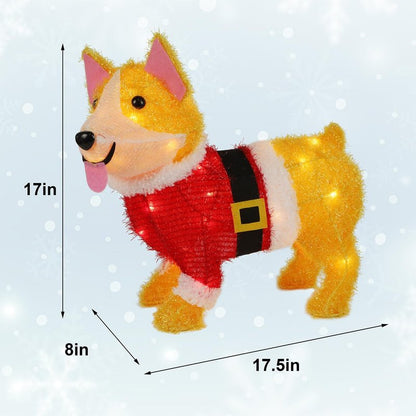 WATERGLIDE Christmas Outdoor Decoration Lighted Dog, 17 Inch Height Pre-Lit 3D Tinsel Cute Puppy Xmas Indoor Outside Holiday Decor with Clear Lights, Light Up & Plug in for Yard Garden Lawn Display