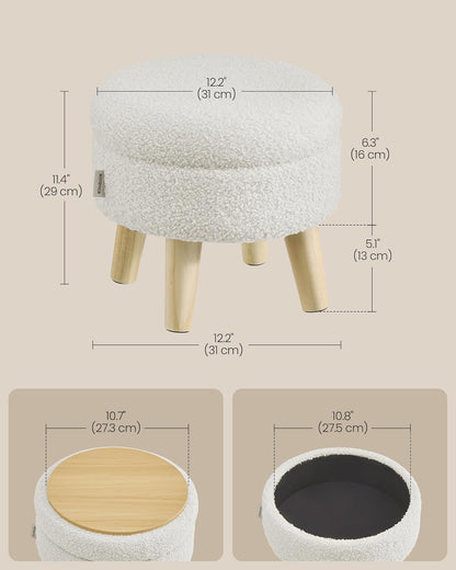 12.2 Inches, ULOM515WD01 SONGMICS Storage Ottoman, Foot Stool, Round Ottoman with Padded Seat, Foot Rest with Wood