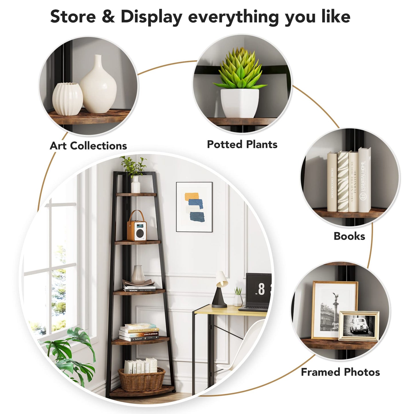 LITTLE TREE 5 Tier Tall Corner Shelf 70 Inch Corner Bookshelf Bookcase for Small Space