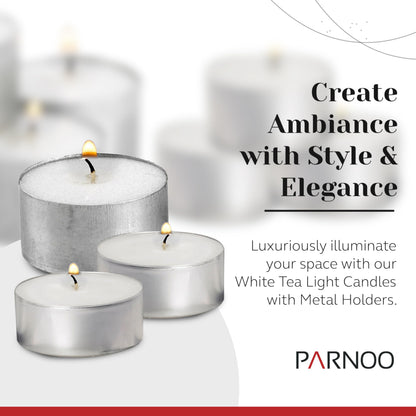 Tea Light Candles in Metal Cups - 4.5 Hours Clean, Long Burning White Unscented - 250 Votive Candles Bulk for Romantic Dinner, Wedding, Spa & Hotels by PARNOO
