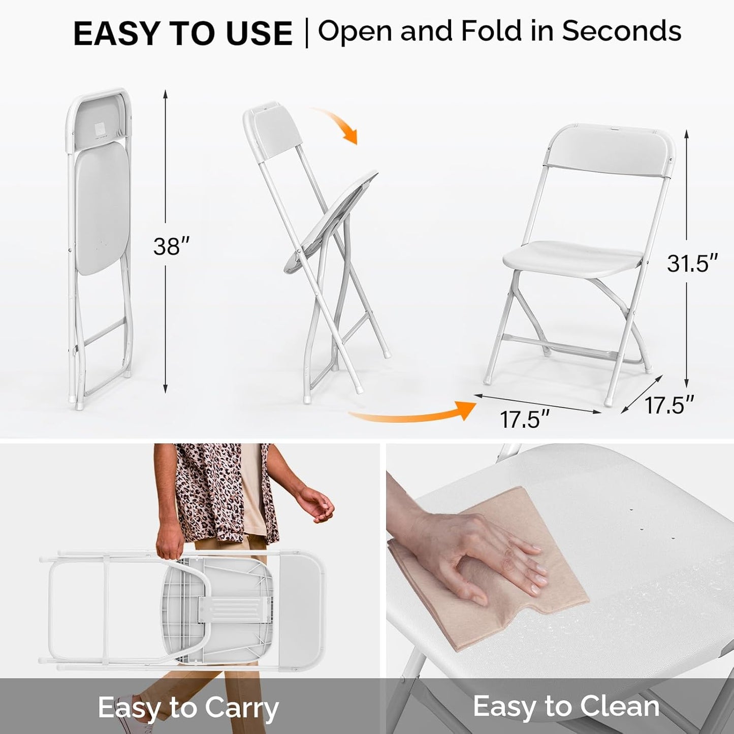 1 Pack Commercial 350lb. VINGLI White Plastic Folding Chair, Indoor Outdoor Portable Stackable Seat with Steel Frame