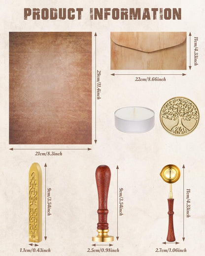 Comealltime 42Pcs Vintage Paper and Envelopes Set, 15 Stationary Letter and Envelopes, 8 Wax Seal Sticks, Wax Spoon, Life Tree Stamp and 2 Tea Candles for Xmas Wedding Party Invitation Love Letter