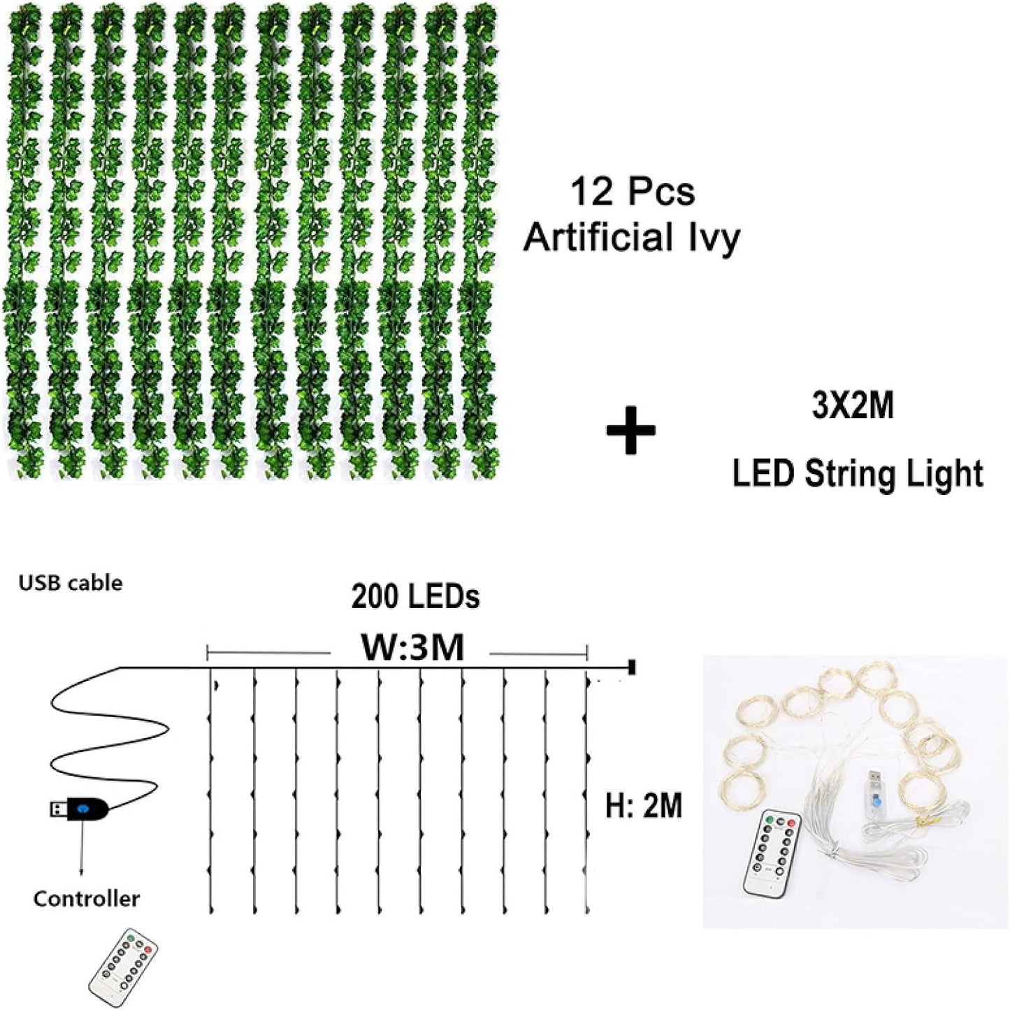 12 Packs 84FT 200 Artificial Ivy, Garland Hanging Plants Fake Vines with LED String Light for Bedroom Wedding Party