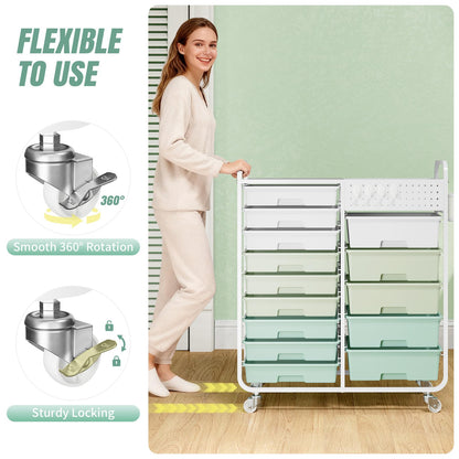 Rolling Storage Cart with 14 Drawers, Storage Organizer Cart with Tabletop and Pegboard,Utility Cart for Living Room, Classroom, Bedroom,Bathroom,Dorm,Office (Green)