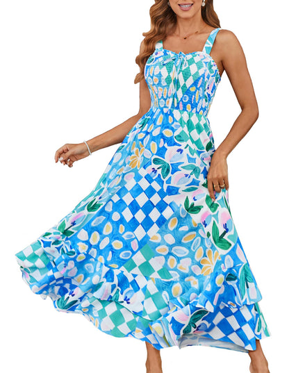 GRACE KARIN Women's 2025 Summer Floral Boho Dress Square Neck Strapped Swing A Line Sundress Beach Long Maxi Outfits