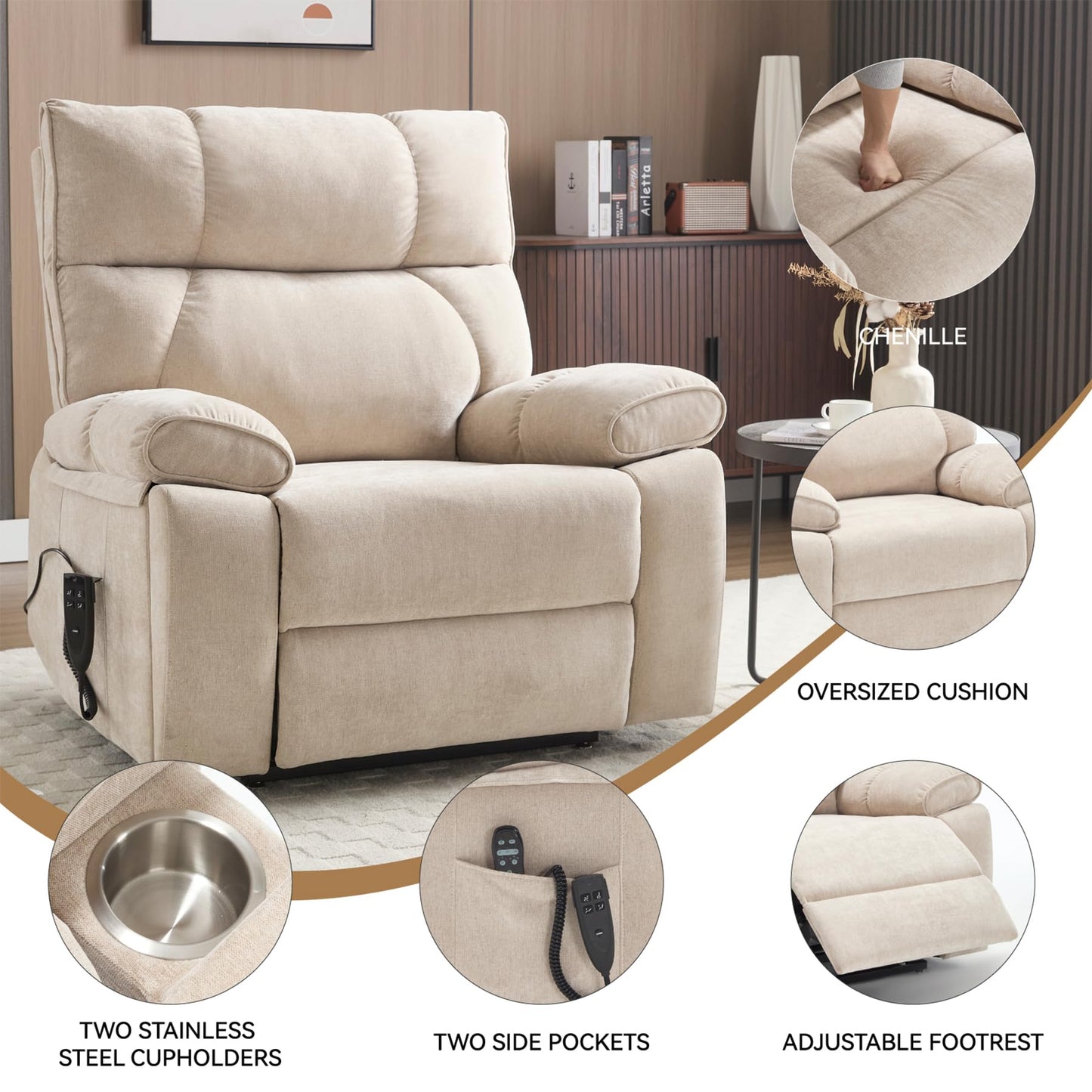RHHVVR Oversized Power Lift Recliner Chair for Adults, Large Electric Lift Recliners with Massage Heating, Medium-Firm Electric Lay Flat Reclining Chair Sofa for Living Room, Leather Brown