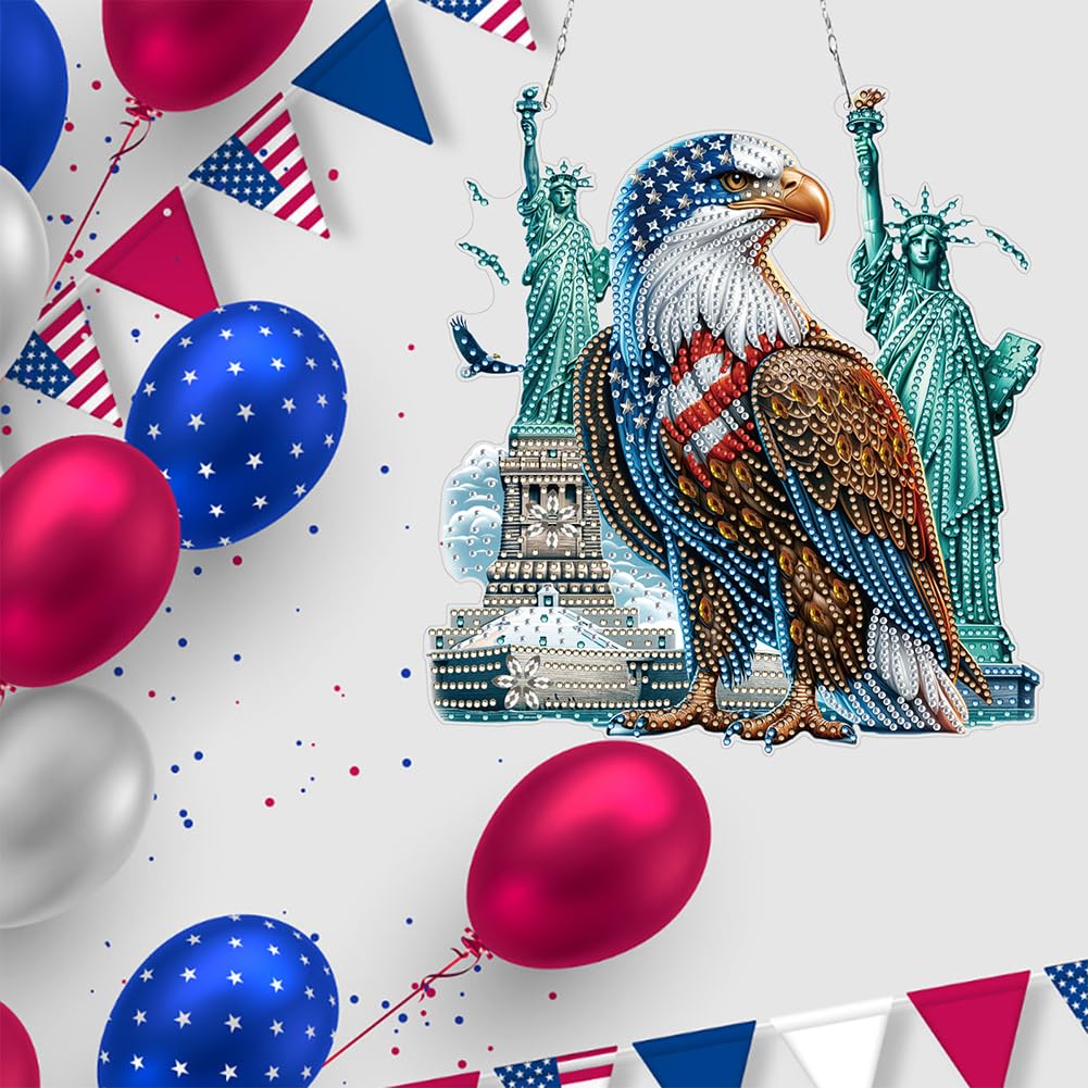 POETRYDRAW DIY Hanging Diamond Art Pendant Kit Independence Day Eagle, Special Crystal Diamonds Painting Ornament for Adults, Diamond Art Suncatchers Double Sided Board Gem Painting Box Kit