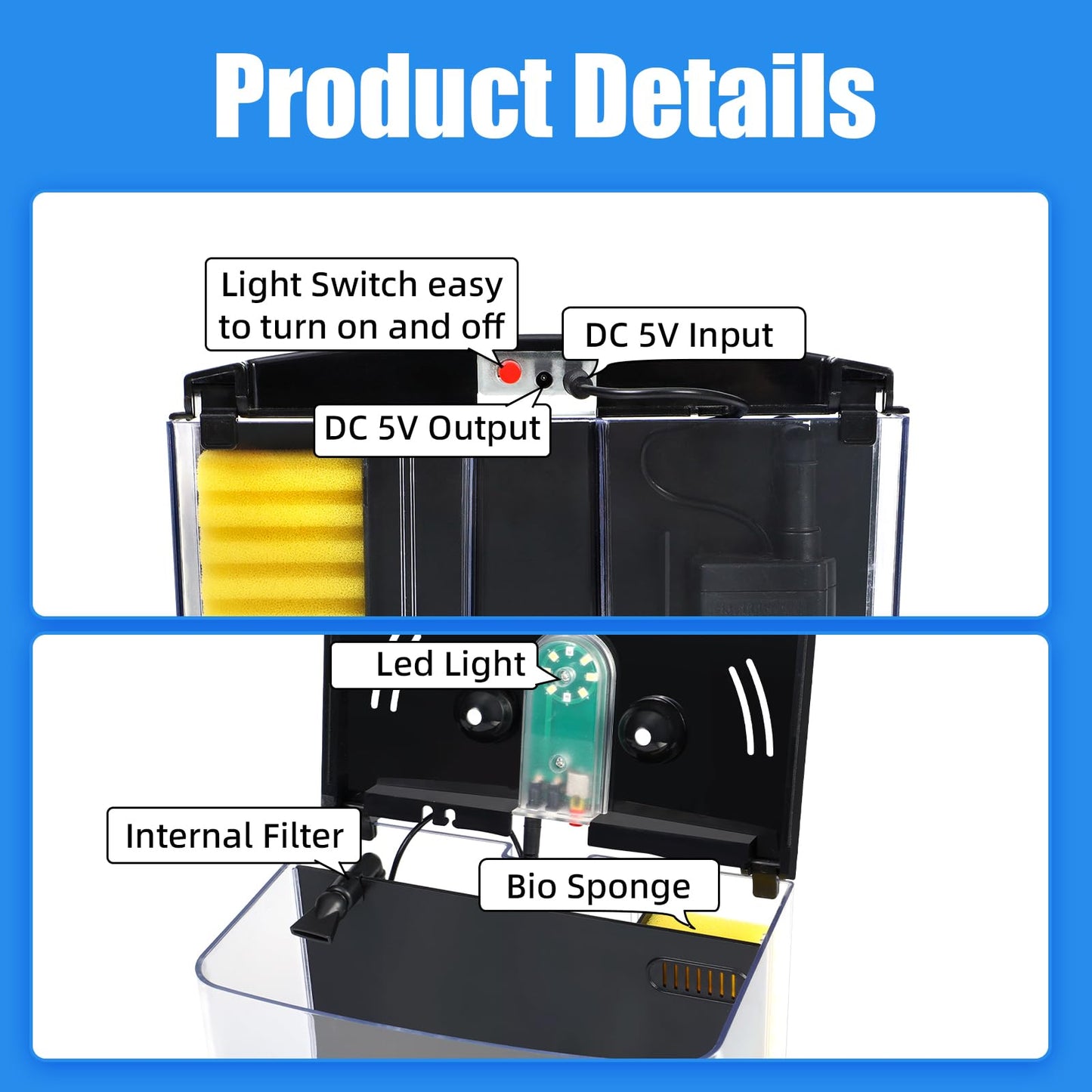 AQUANEAT Fish Tank, 1.2 Gallon Aquarium, Small Betta Fish Tank Starter Kit with LED Light and Water Filter Pump, Rectangular