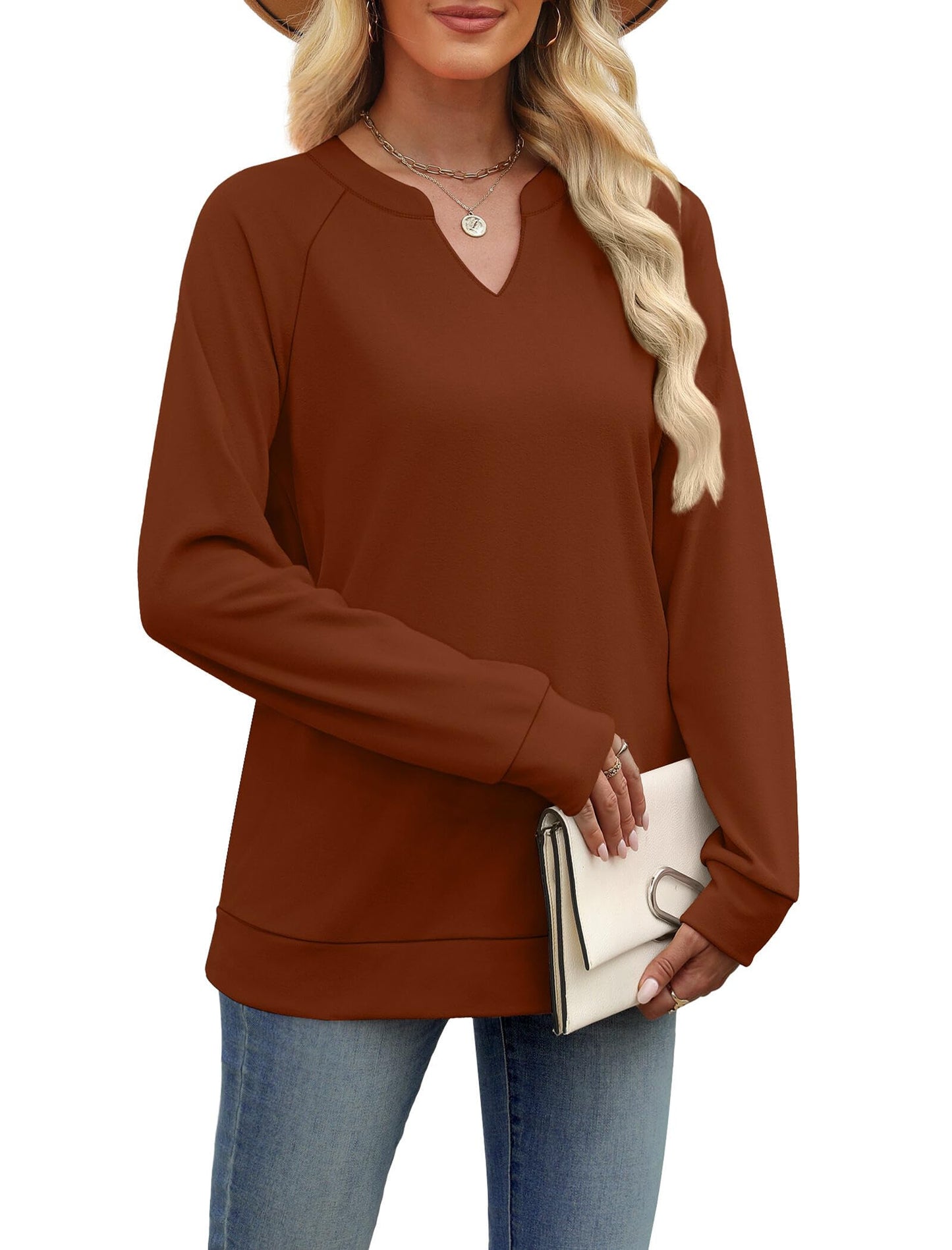SAMPEEL Sweatshirts for Women V Neck Long Sleeve Shirts Lightweight Sweaters Fall Fashion Tops Outfits 2025