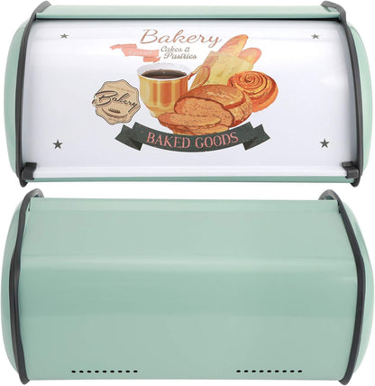 Roll Top Bread Box for Kitchen Counter, Metal Bread Bin Retro Food Storage Container, 13"x9.4"x5.9" (Green)