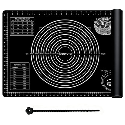 Nauvora Extra Large Baking Mat - 26" Silicone Pastry Mat, Reusable Non-Stick Dough Mat with Measurement for Fondant, Rolling Dough, Pie Crust, Pizza and Cookies, Black