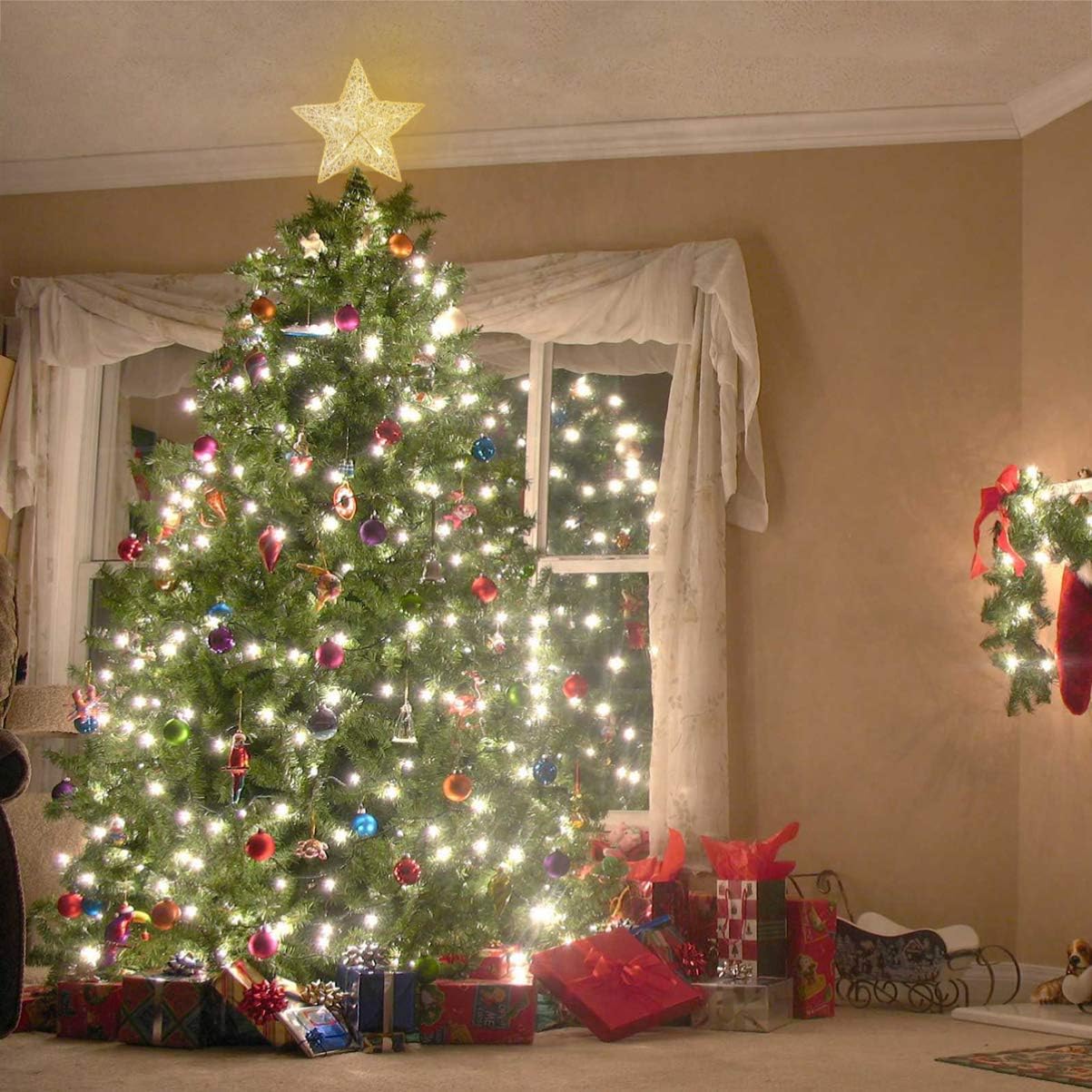 10 Inches LED Christmas Tree Topper, Glitter Gold Hollow Star Treetop, Christmas Ornaments for Tree Decor