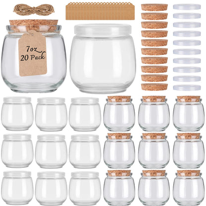 NEWMIAO 20 Pack 7 oz Glass Yogurt Jars with Cork Lids and PE Lids, Glass Pudding Jars Candles Jars, Small Containers for Wedding Favors, Milk, Jam, Honey, Cake, Spices and DIY Gift