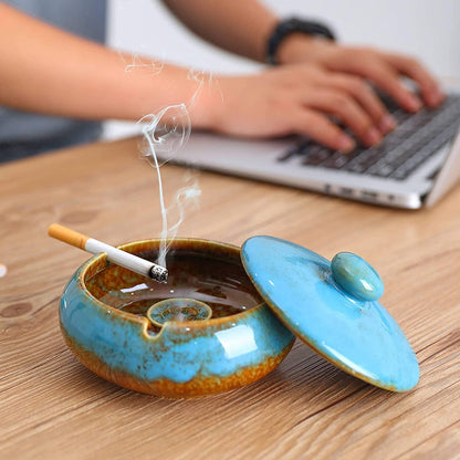 RONXS Outdoor Ashtray with Lid | Windproof Handmade Ceramic Ashtray for Patio, Home Office Indoor Decoration