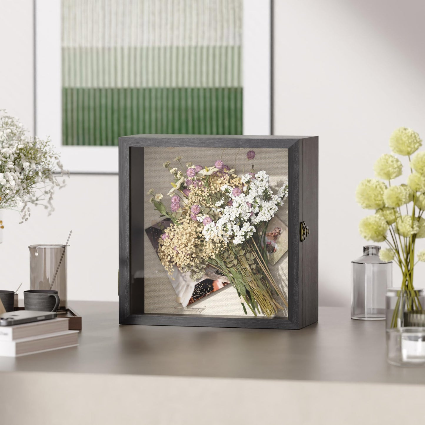 11x11 Shadow Box Frame with Acrylic Glass, Deep Large Shadow Boxes Display Cases for Tabletop and Wall Display, Memory Box for Keepsakes, Shadow Box for Flowers, Black with Linen Back