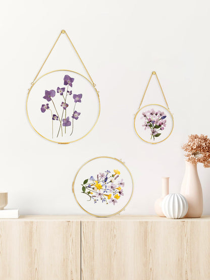 REDHUGO Handmade Brass Floating Frame, Double Glass Round Picture, Wall Hanging for Pressed & Dried Flowers, Circle, Gold (FRAME ONLY)