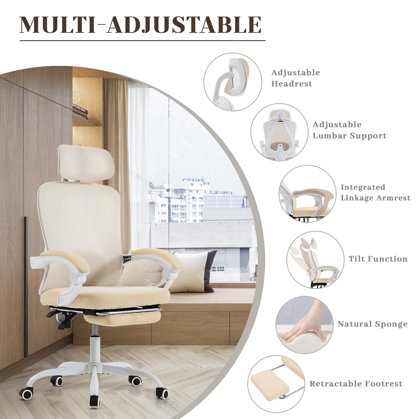 Ergonomic Office Chair with Retractable Footrest, 400LBS Capacity,Synchronized Armrest, Breathable Mesh, Adjustable Lumbar Support