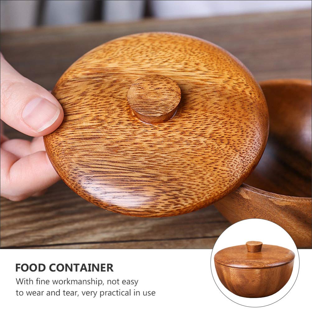 Hemoton Wooden Rice Bowl with Lid 3.14 Inch Acacia Wood Seasoning Bowl Food Container for Kids and Adults Safe Practical Kitchen Dining