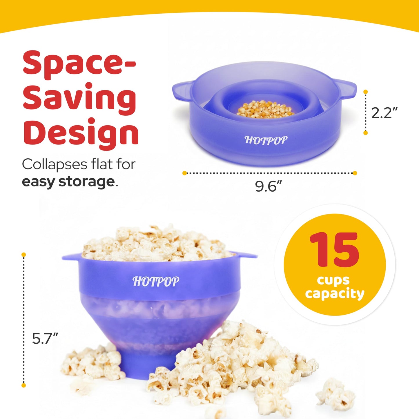 The Orginal HotPop Silicone Popcorn Maker - Microwave Popcorn Popper with Handles - Collapsible Bowl, Heat-Resistant, Easy to Clean, Ideal for Family Movie Nights, 15-Cup Capacity - Red