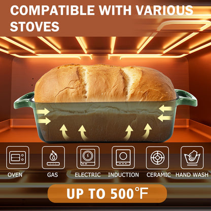 9 x 5 Inch Bread Pan Enameled Cast Iron Loaf Pan with Lid for Baking, 2 in 1 Non-stick Sourdough Bread Loaf Pan for Homemade Bread, Oven & Stovetop Safe for Gas, Electric & Induction, Green