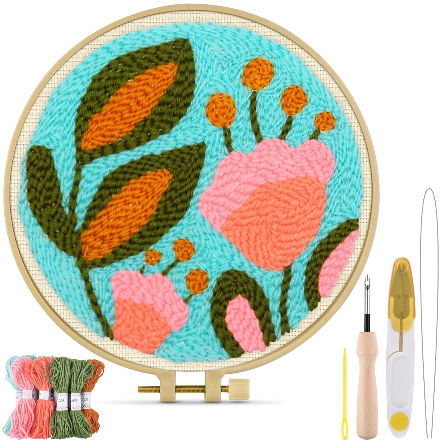 TINDTOP Punch Needle Kits, Tulip Punch Embroidery Kits for Adults Beginner, Tool with Punch Needle Fabric, Hoops, Yarns and Sewing Needles