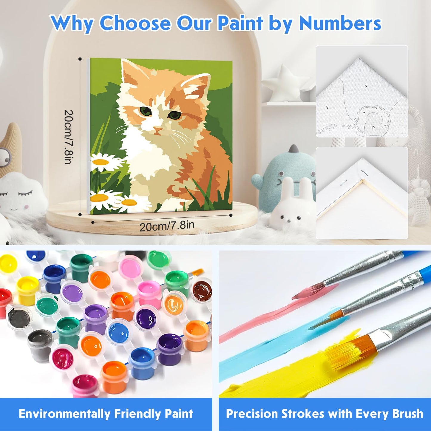 NEWENMO 4 Pack Paint by Number for Kids with Wooden Frame, Cute Rabbit, Cat, Dog Paint by Numbers for Kids Ages 8-12, Animal, DIY Acrylic Oil Painting for Beginners for Home Wall Decor 8X8 inch