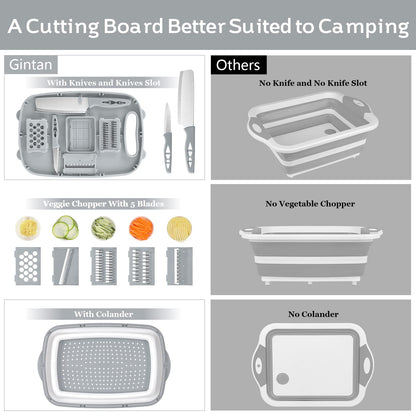 Gintan Camping Cutting Board, 9-in-1 Collapsible Chopping Board with Colander, Kitchen Vegetable Washing Basket for Camping, Camping Gifts Camping Accessories for RV Campers (Blue+Grey)