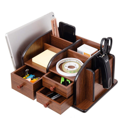 Liry Products Brown Wooden Desk Organizer Multiple Compartments 3 Drawers Slots 2 Shelves Racks Holder Office Supplies Caddy Tabletop Storage Desktop Stationery Accessory Sorter Home Kitchen